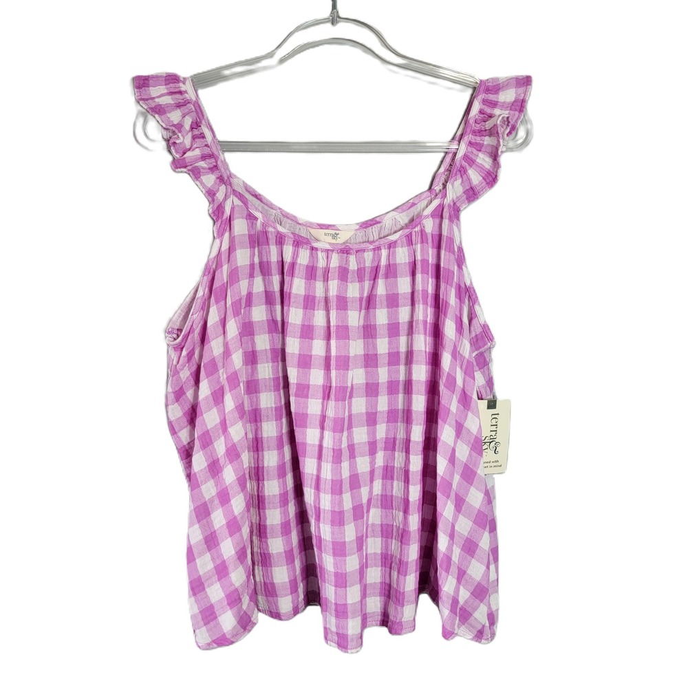 Terra Sky Plus Size 1X Purple White Gingham‎ Ruffle Strap Tank Top Cotton NWT